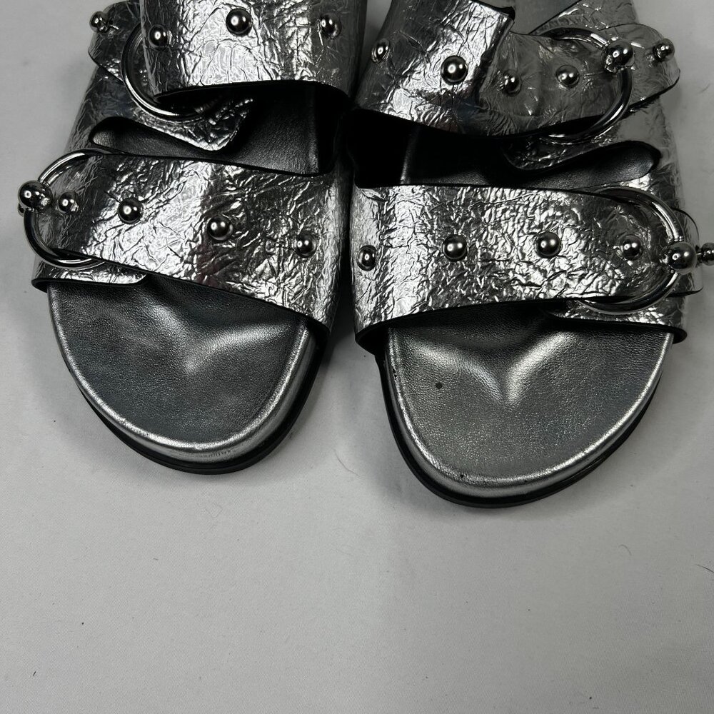 Rebecca Minkoff Vachel Metallic Buckled Slides In Silver Sandals 9 - Picture 9 of 15